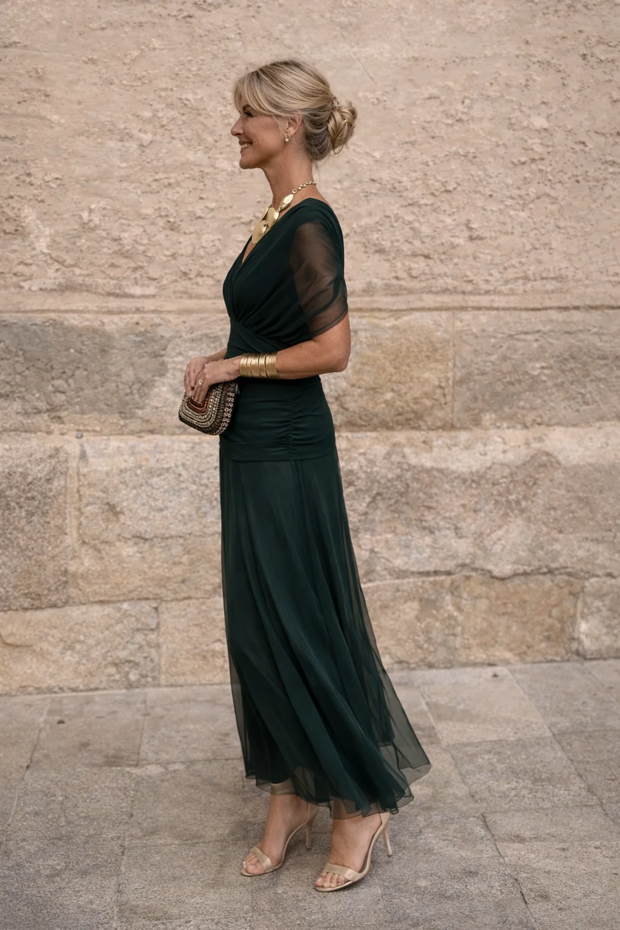 Chiffon Maxi Dress V-Neck Ruched Waist Floaty Sleeves