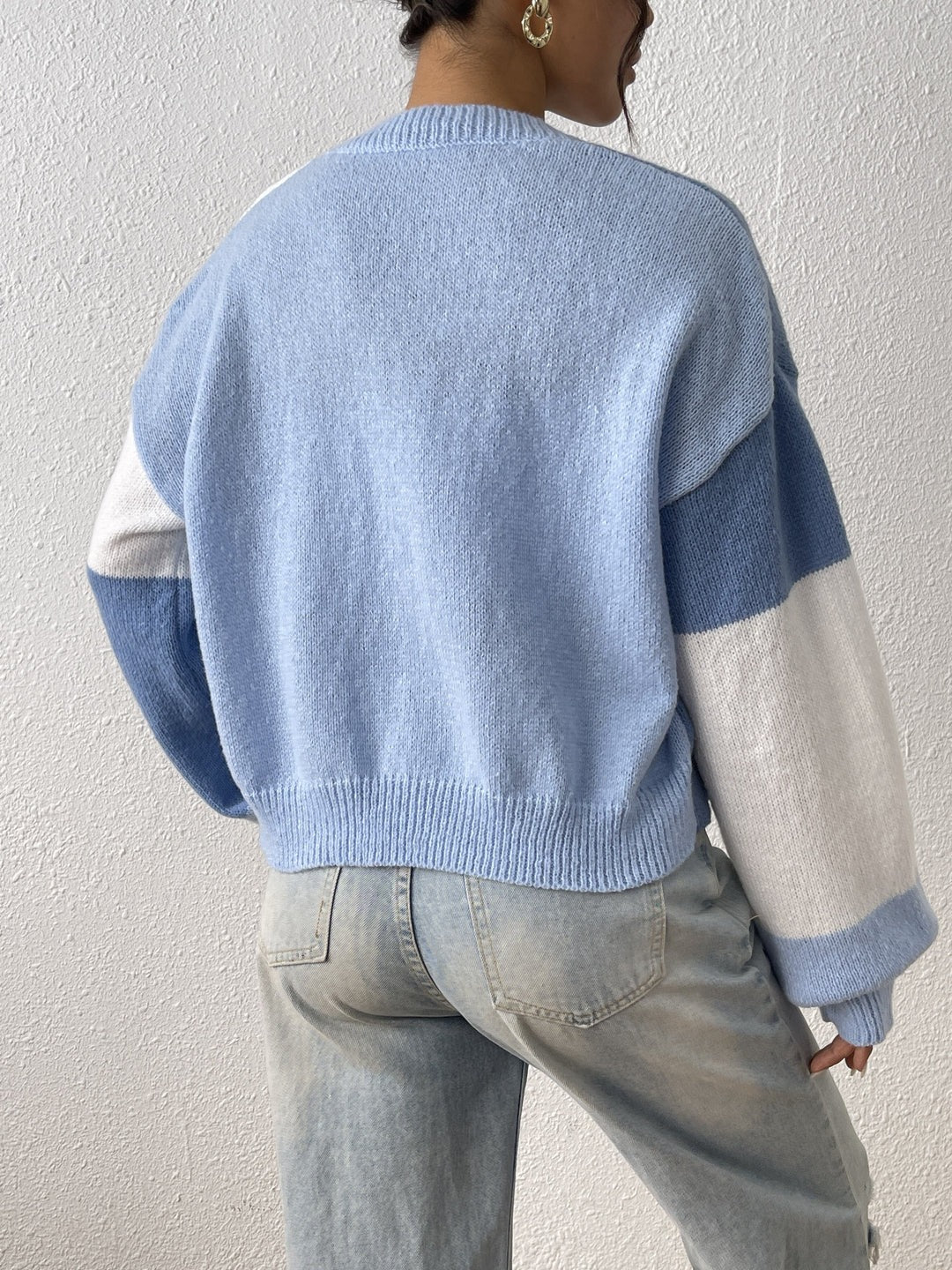 Cropped Colour Block Cardigan Open Front Ribbed Cuffs