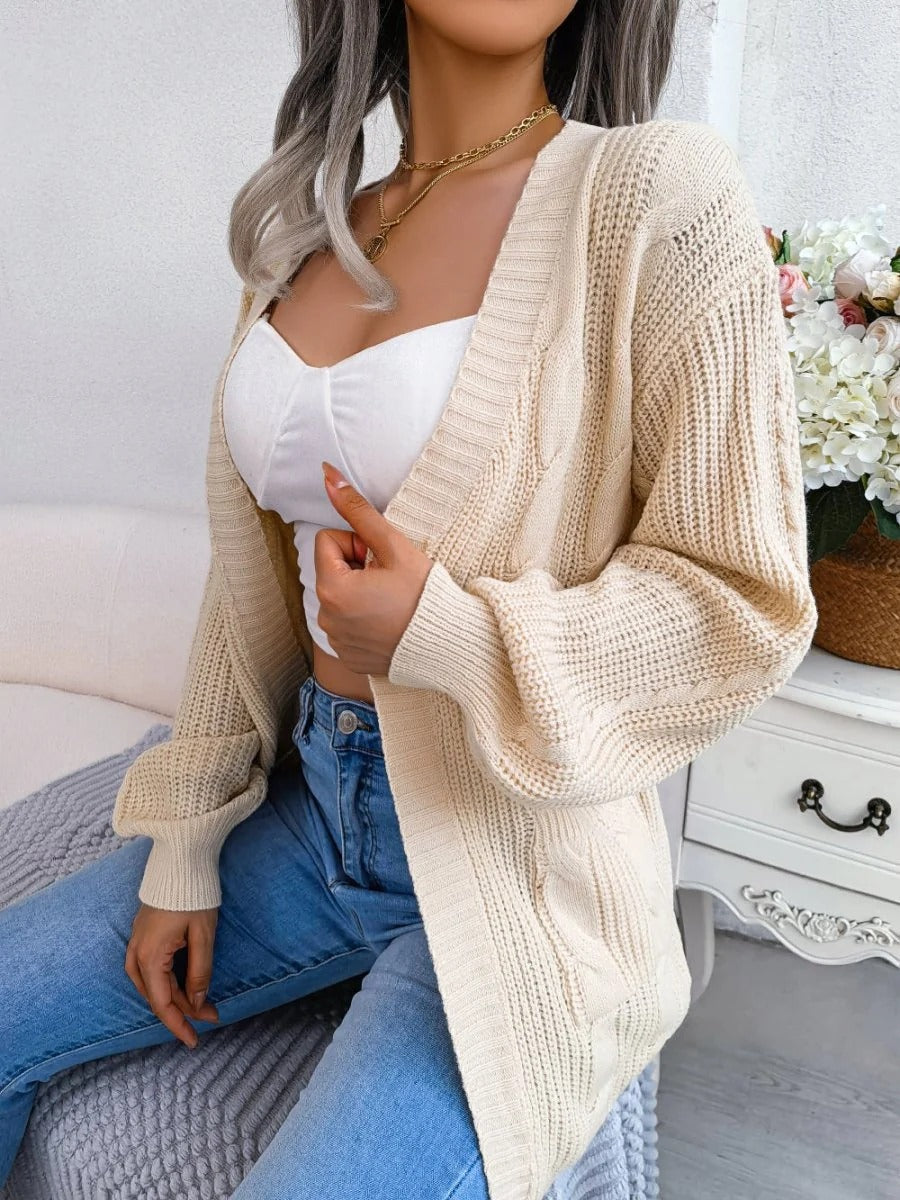Oversized Cable Knit Cardigan Open Front Patch Pockets