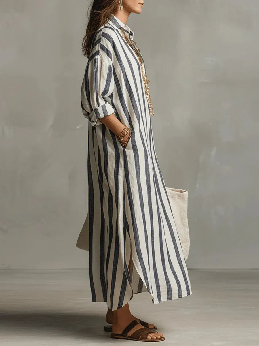 Striped Maxi Shirt Dress Collared V-Neck Roll-Up Sleeves Oversized