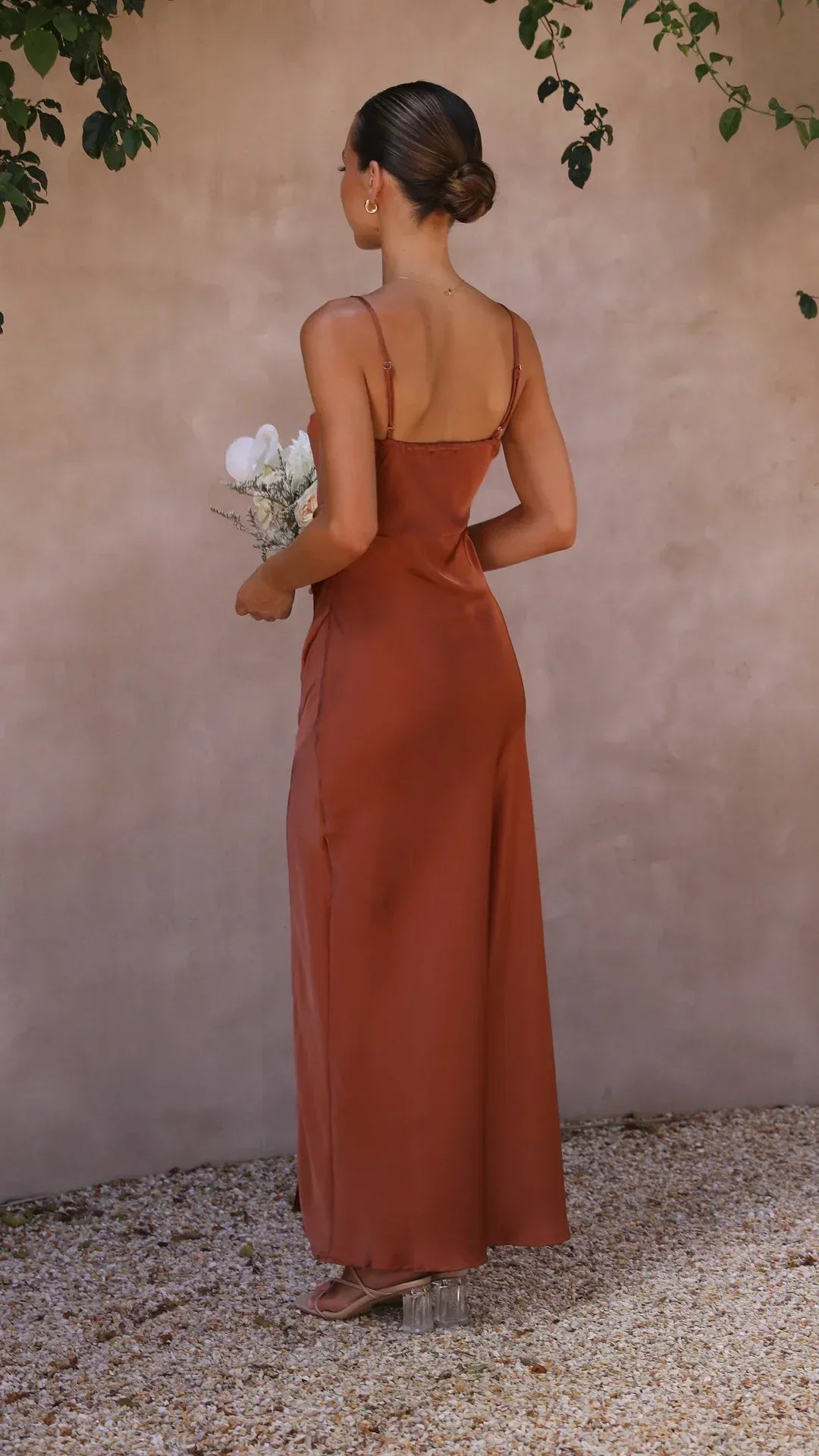 Silky Slip Dress Satin Look Straight Neckline Side Split