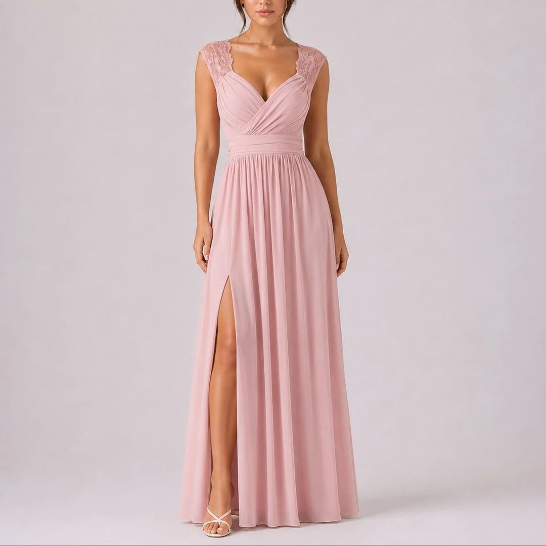 Lace Shoulder Wedding Guest Maxi Dress V-Neck Wrap Ruched Waist