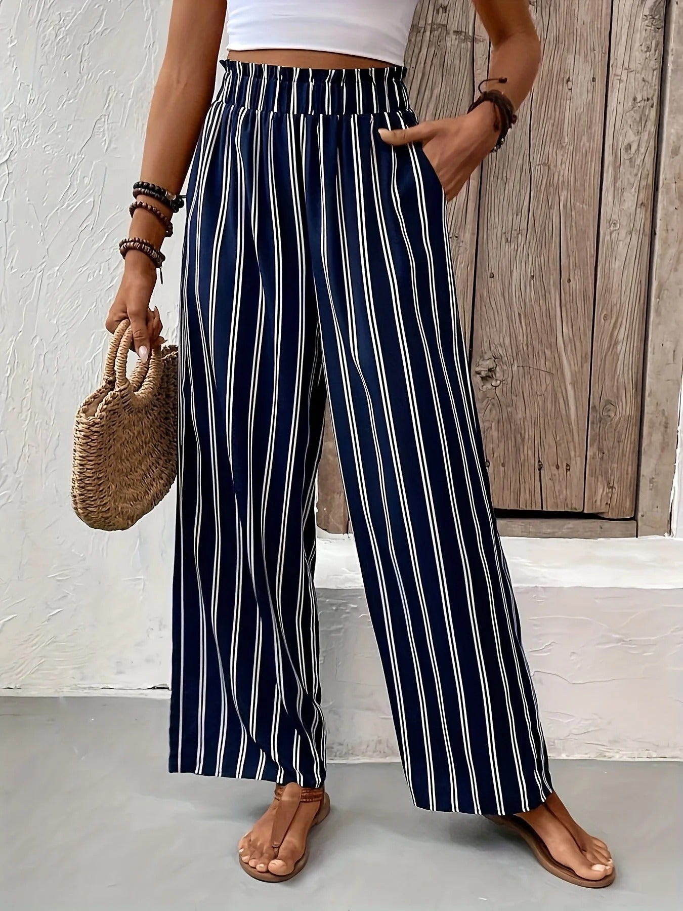 Navy Striped Palazzo Trousers Wide Elasticated Waist Flowing Leg