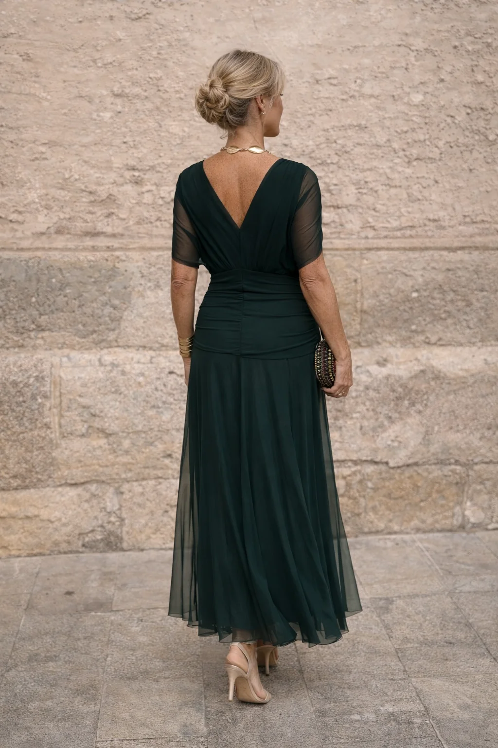 Chiffon Maxi Dress V-Neck Ruched Waist Floaty Sleeves