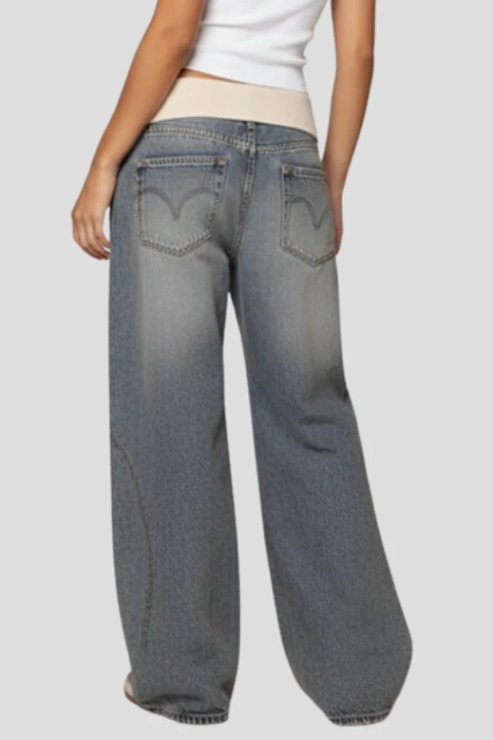 Casual Baggy Wide-Leg Denim Trousers Curved Seam Detail