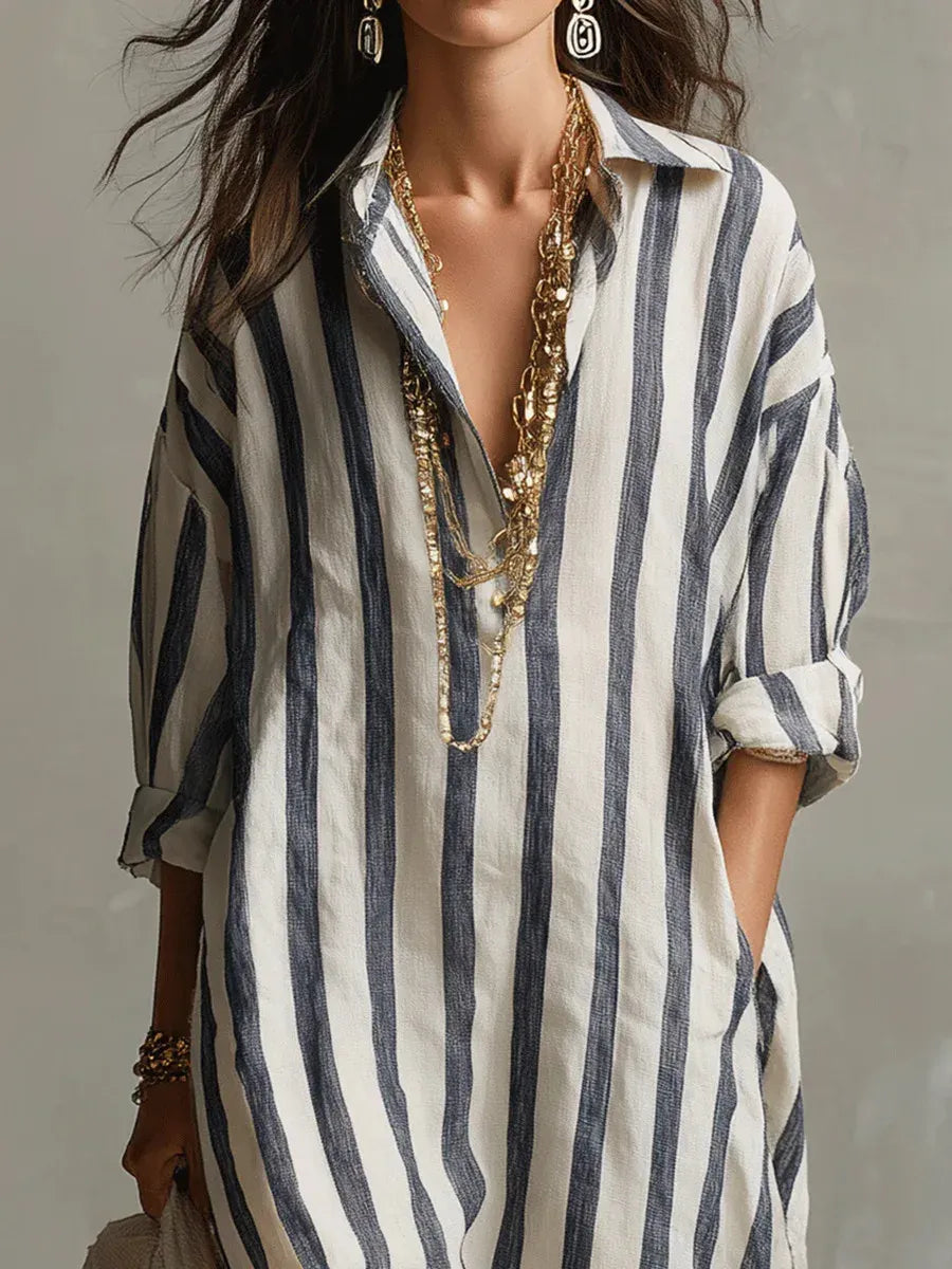Striped Maxi Shirt Dress Collared V-Neck Roll-Up Sleeves Oversized