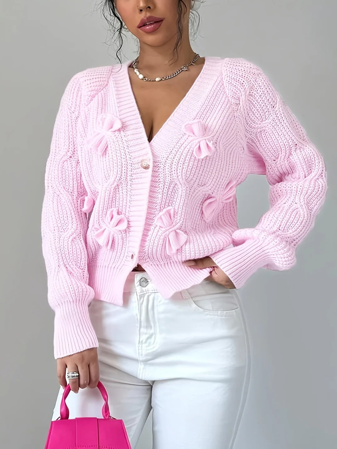 Women's Soft Bow-Detail Long Sleeve Cardigan Cable-Knit