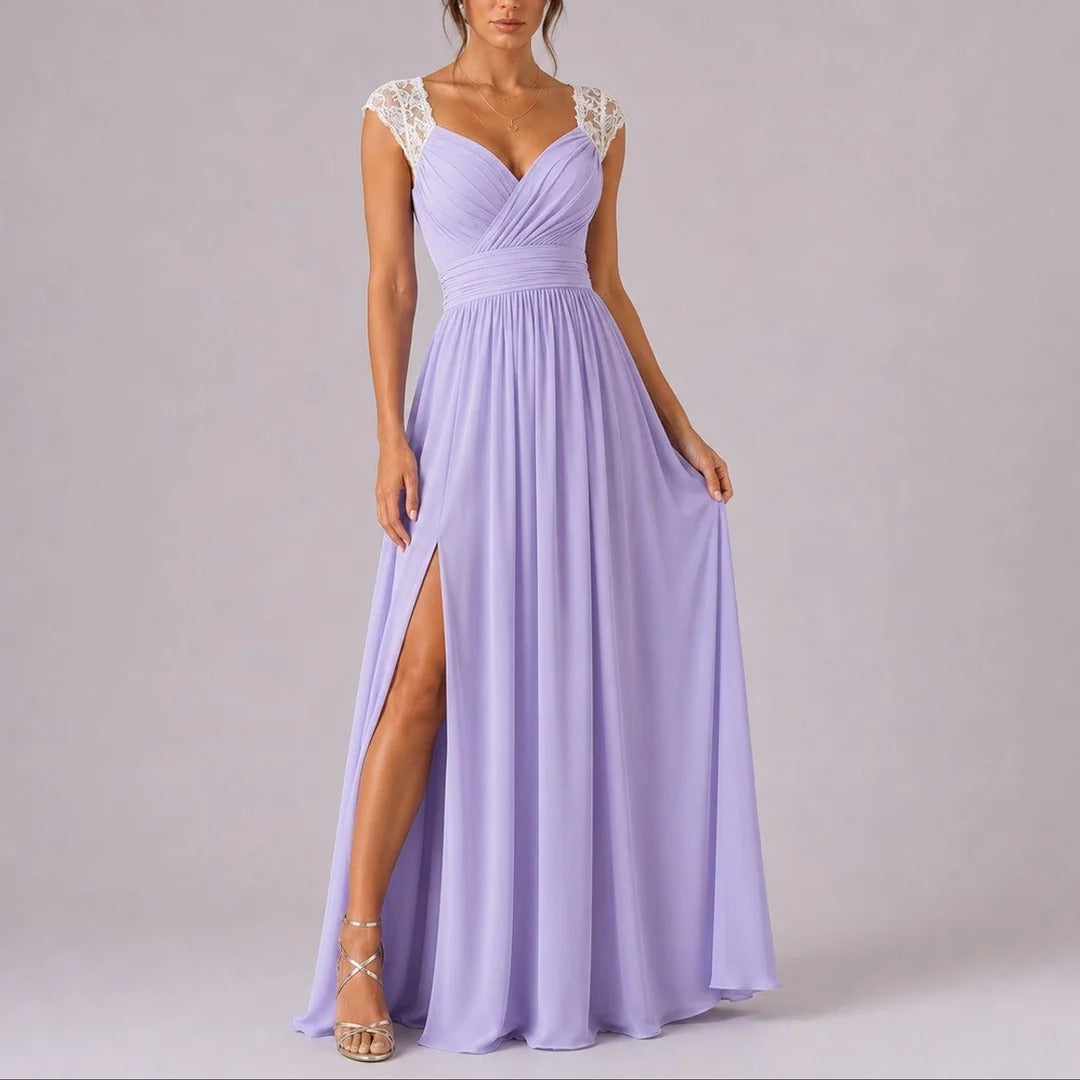 Lace Shoulder Wedding Guest Maxi Dress V-Neck Wrap Ruched Waist
