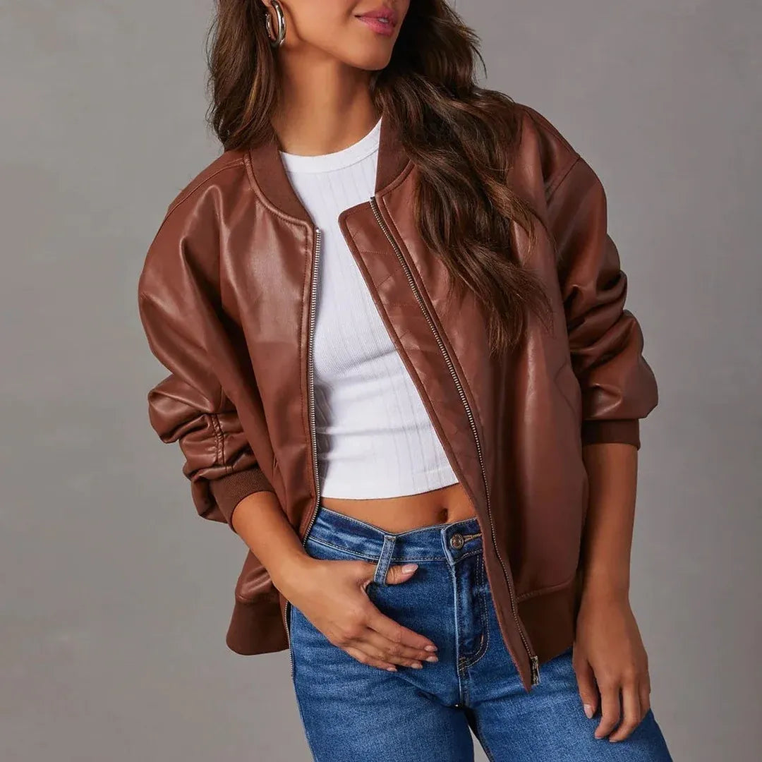 Oversized Faux Leather Bomber Jacket