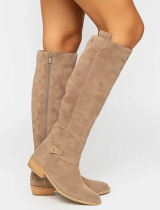 Women's suede knee high boots with low block heel in beige