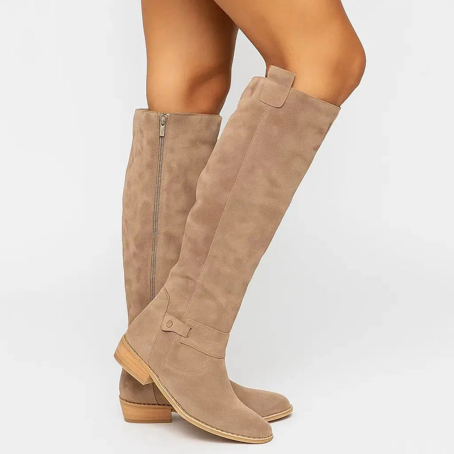 Women's suede knee high boots with low block heel in beige