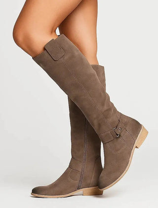 Women's suede knee high boots with low block heel in brown