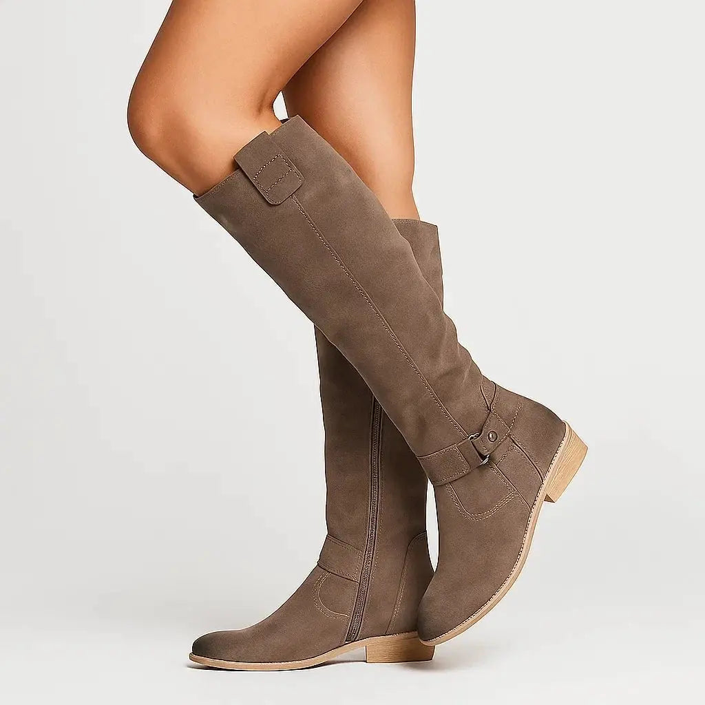Women's suede knee high boots with low block heel in brown