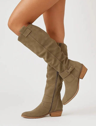 Women's suede knee high boots with low block heel in dark green