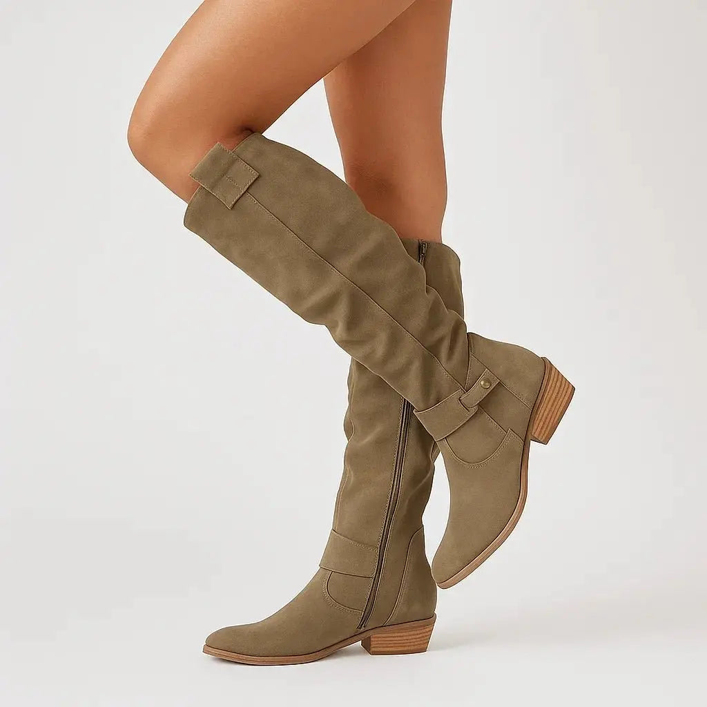 Women's suede knee high boots with low block heel in dark green