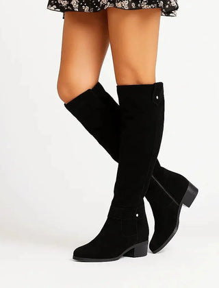Women's suede knee high boots with low block heel in black