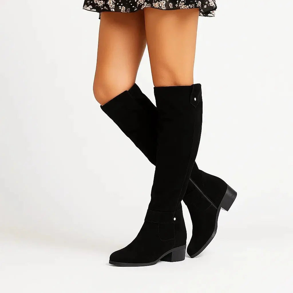 Women's suede knee high boots with low block heel in black