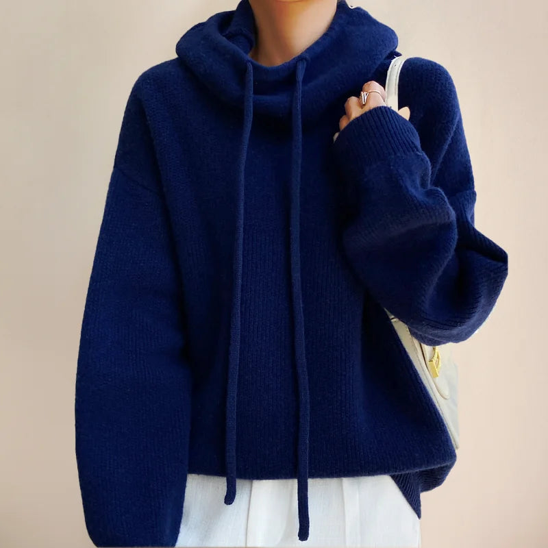 Oversized Knit Hoodie Jumper – Dark Blue
