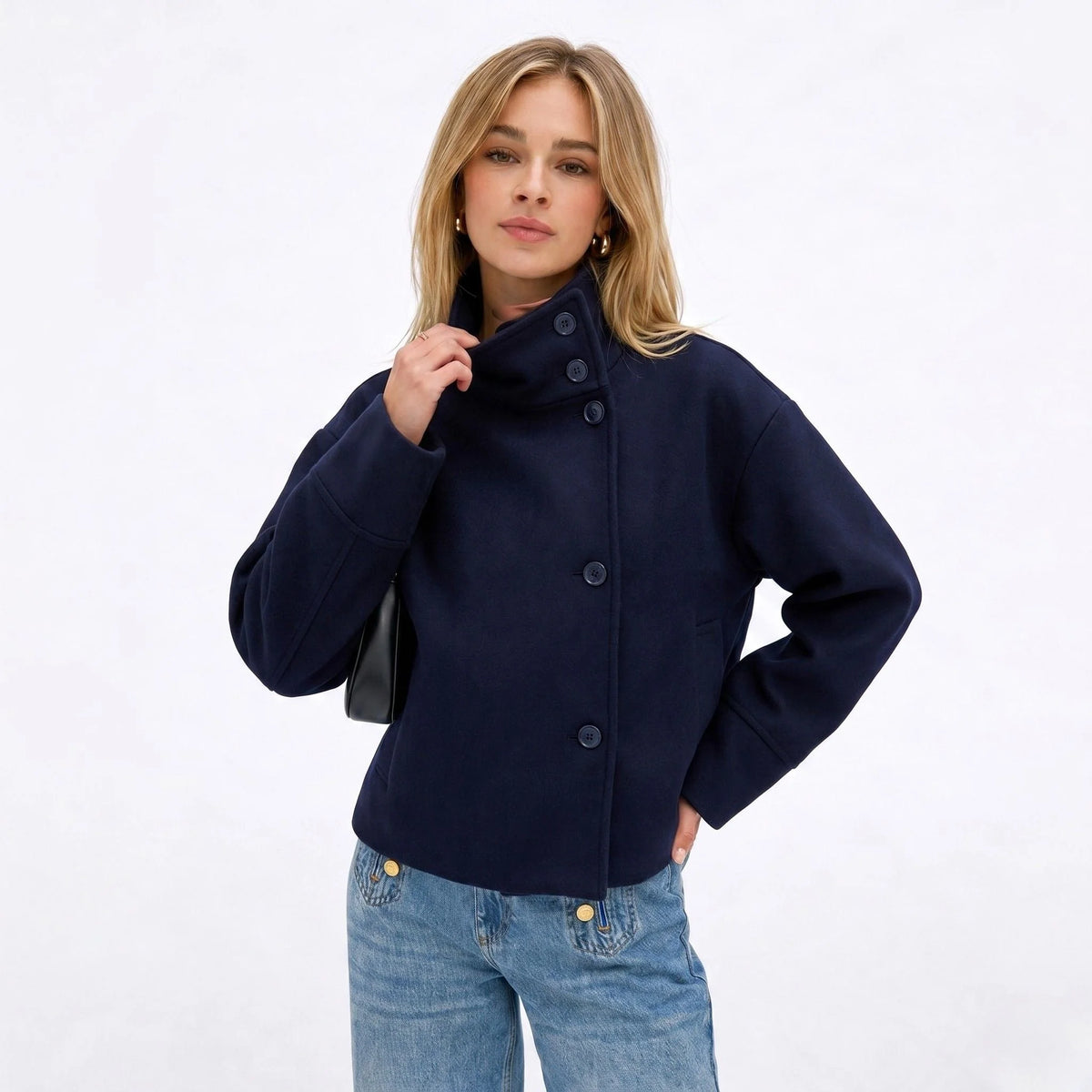 Funnel Neck Cropped Jacket – Dark Blue