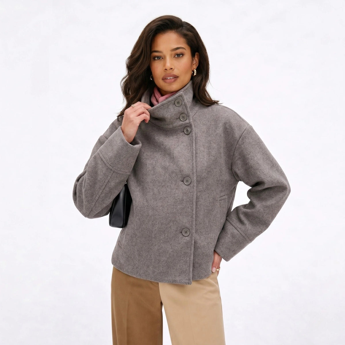 Funnel Neck Cropped Jacket – Grey