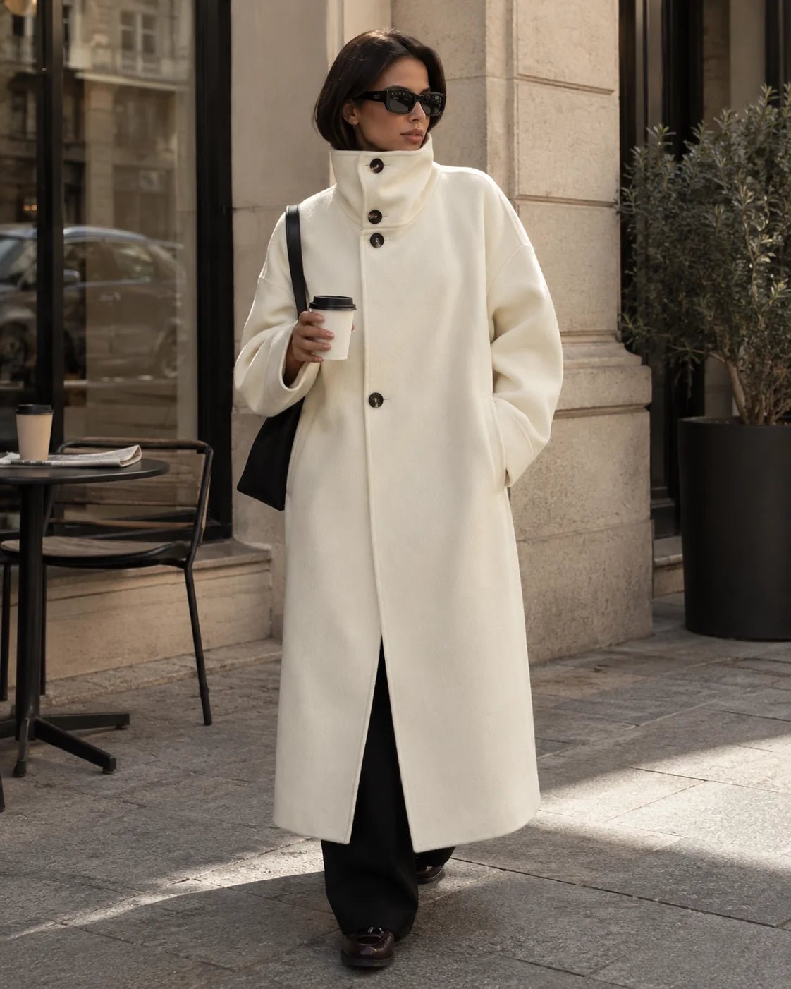 Funnel Neck Longline Coat – White