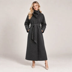 Belted Funnel Neck Wool Coat – Grey