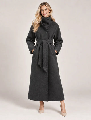 Belted Funnel Neck Wool Coat – Grey