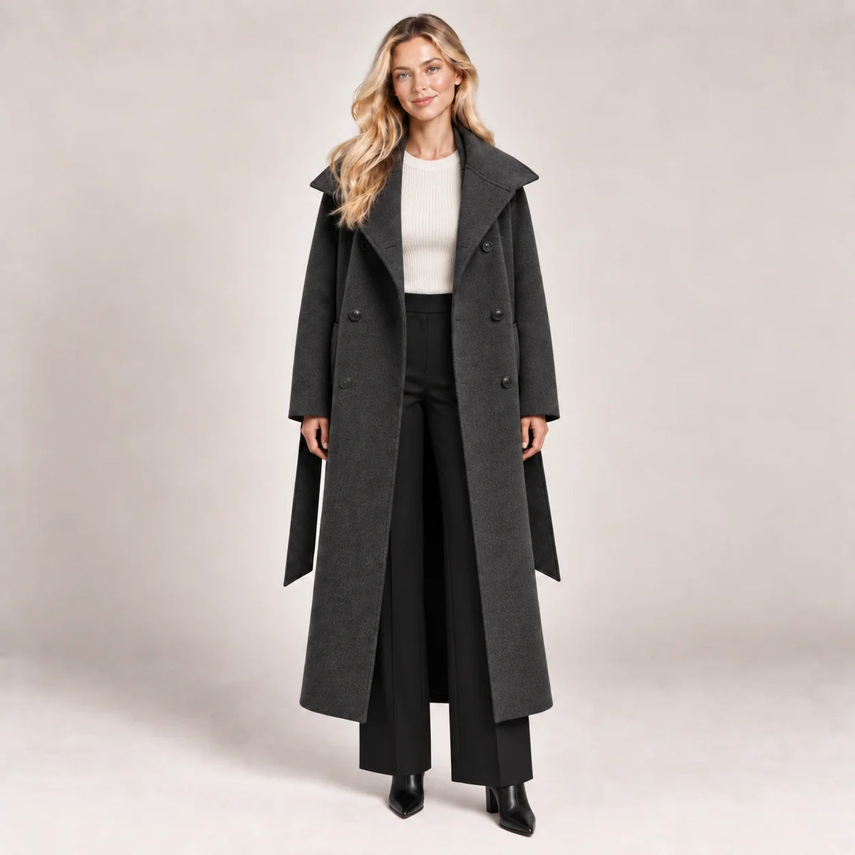 Belted Funnel Neck Wool Coat