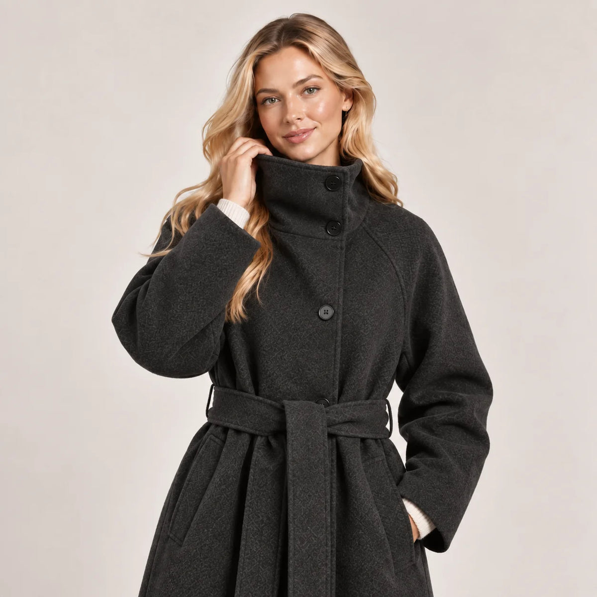 Belted Funnel Neck Wool Coat