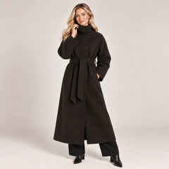 Belted Funnel Neck Wool Coat – Brown