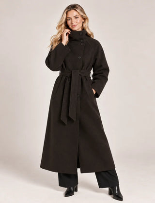 Belted Funnel Neck Wool Coat – Brown