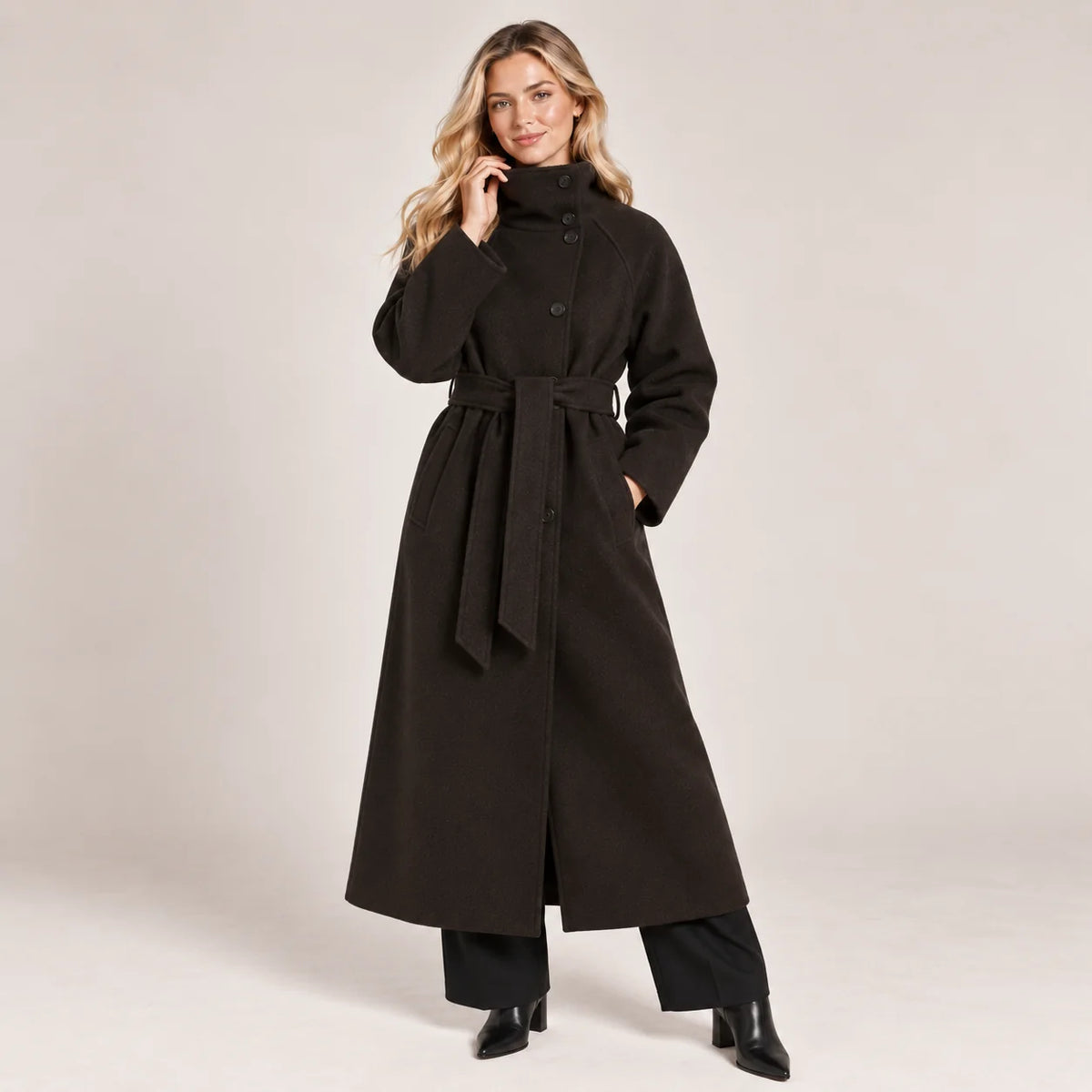 Belted Funnel Neck Wool Coat – Brown
