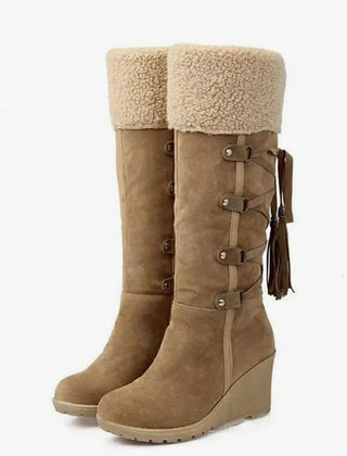 Fur-Trim Wedge Knee-High Boots – Brown