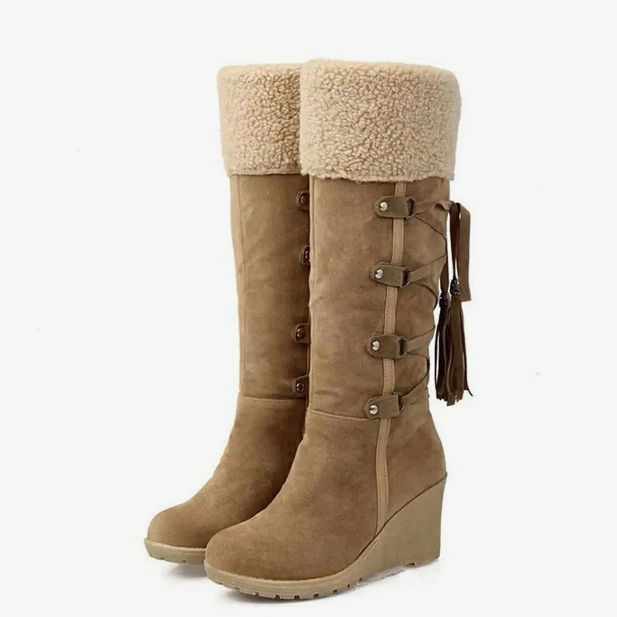 Fur-Trim Wedge Knee-High Boots – Brown