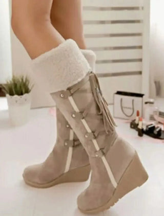Fur-Trim Wedge Knee-High Boots – Beige