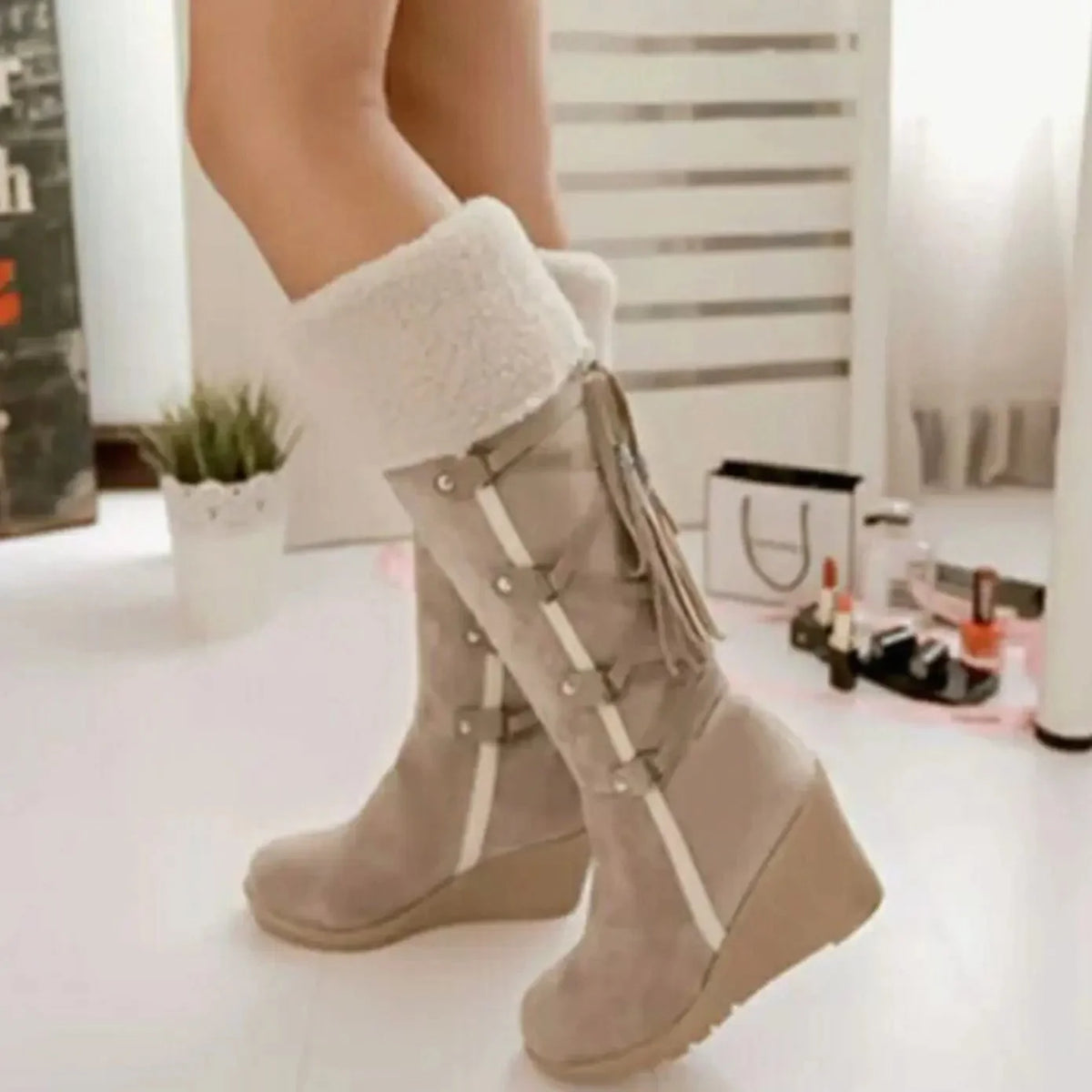 Fur-Trim Wedge Knee-High Boots – Beige