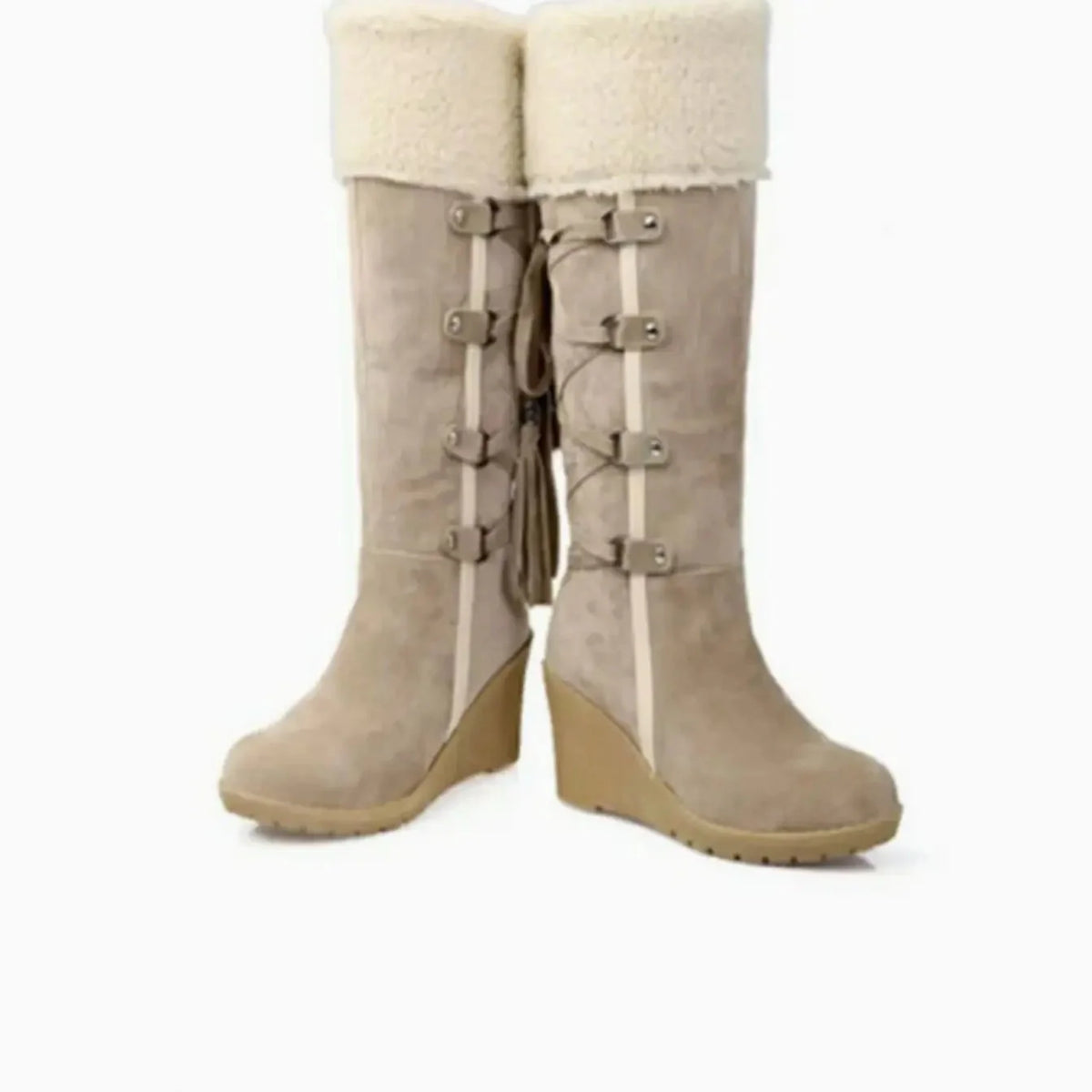 Fur-Trim Wedge Knee-High Boots