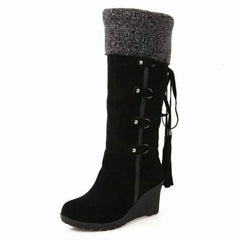 Fur-Trim Wedge Knee-High Boots – Black