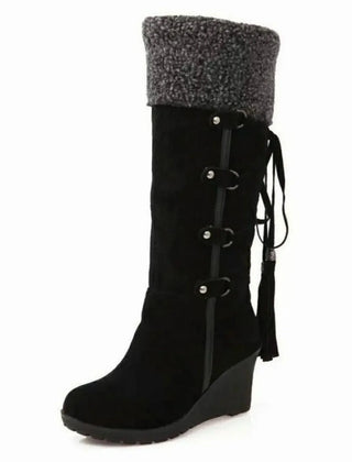 Fur-Trim Wedge Knee-High Boots – Black