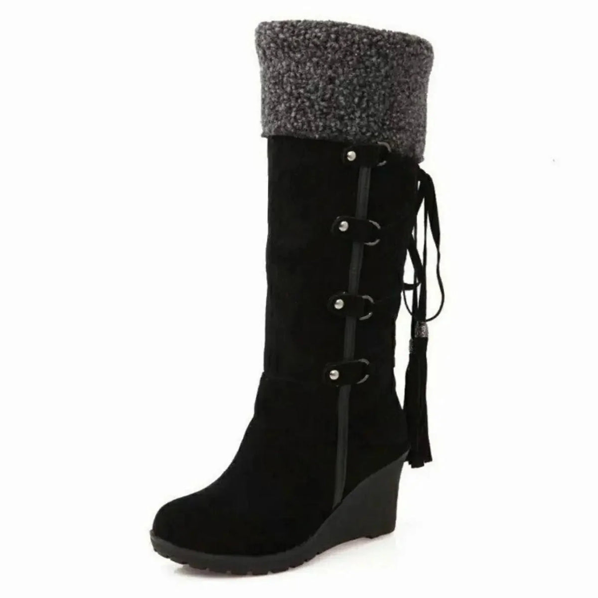 Fur-Trim Wedge Knee-High Boots – Black