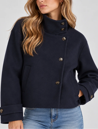 High Neck Cropped Jacket – Navy