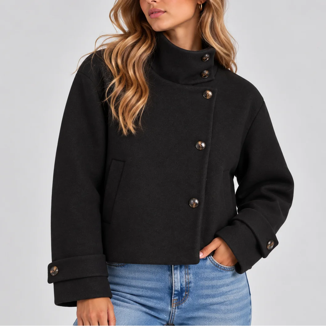 High Neck Cropped Jacket – Black