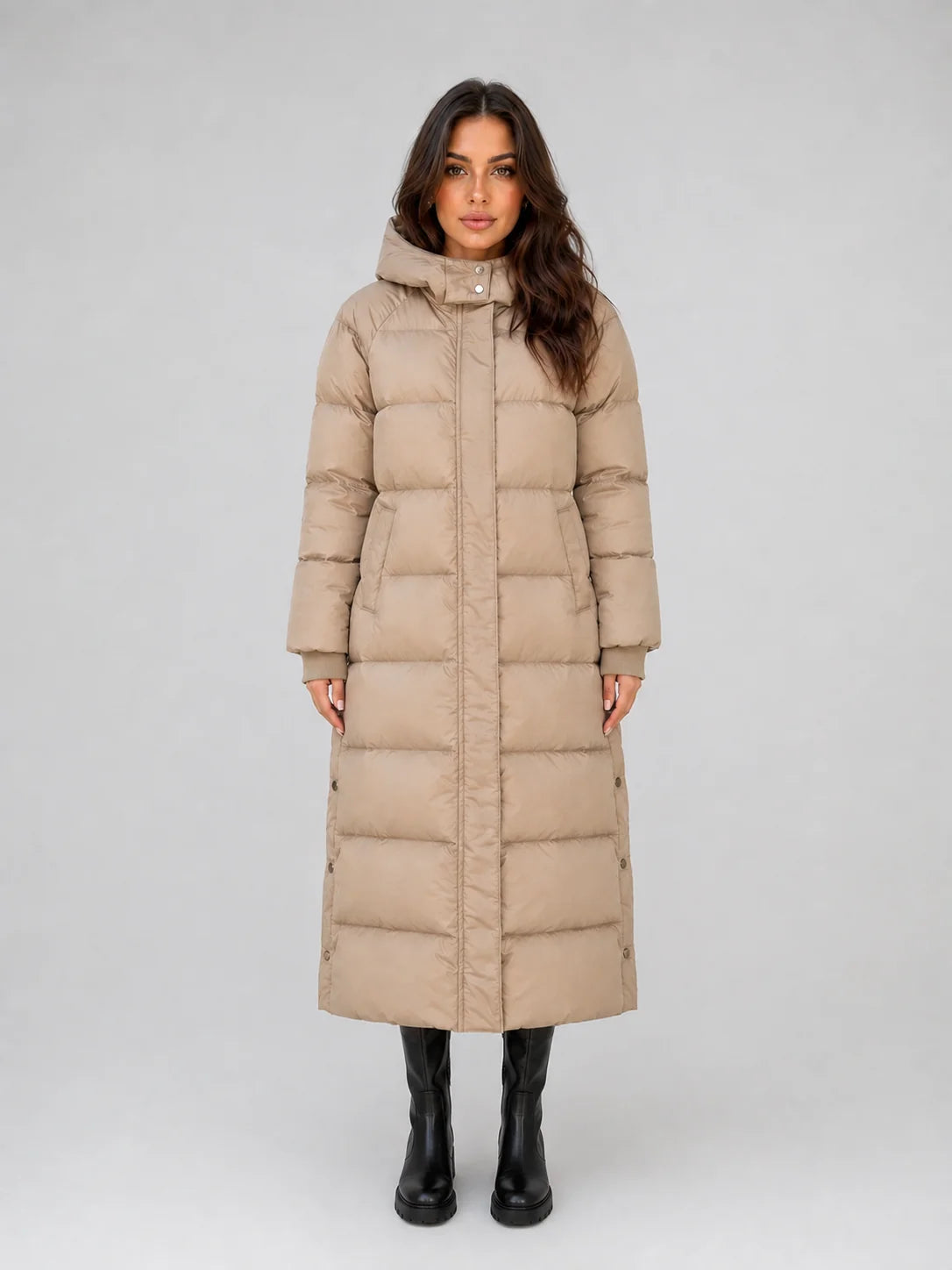 Hooded Longline Puffer Coat – Beige