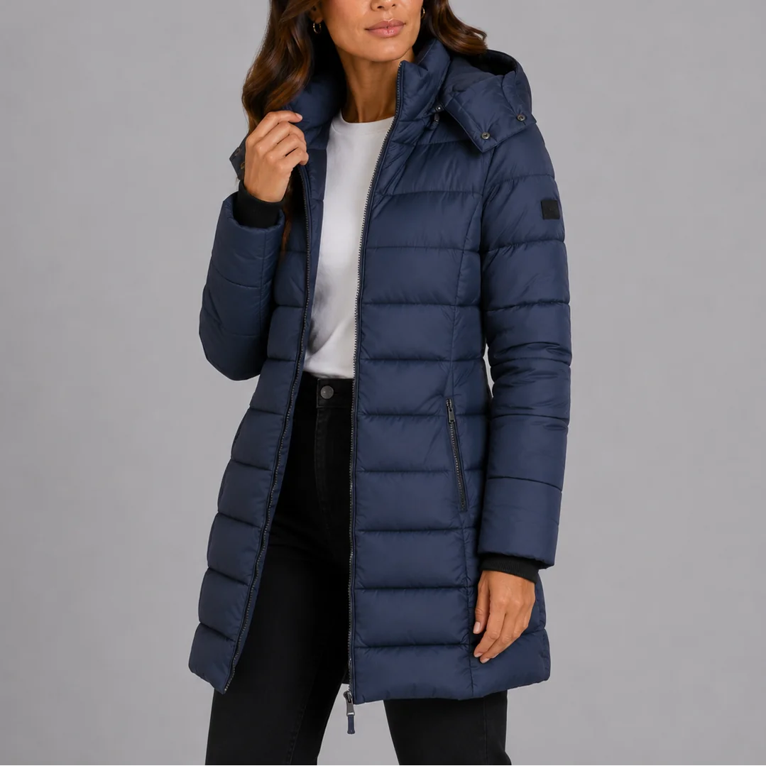 Long Hooded Puffer Coat – Navy