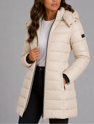 Long Hooded Puffer Coat – Beige