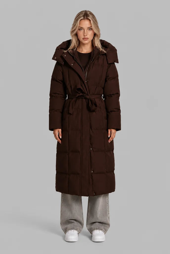 Longline Hooded Padded Coat – Brown