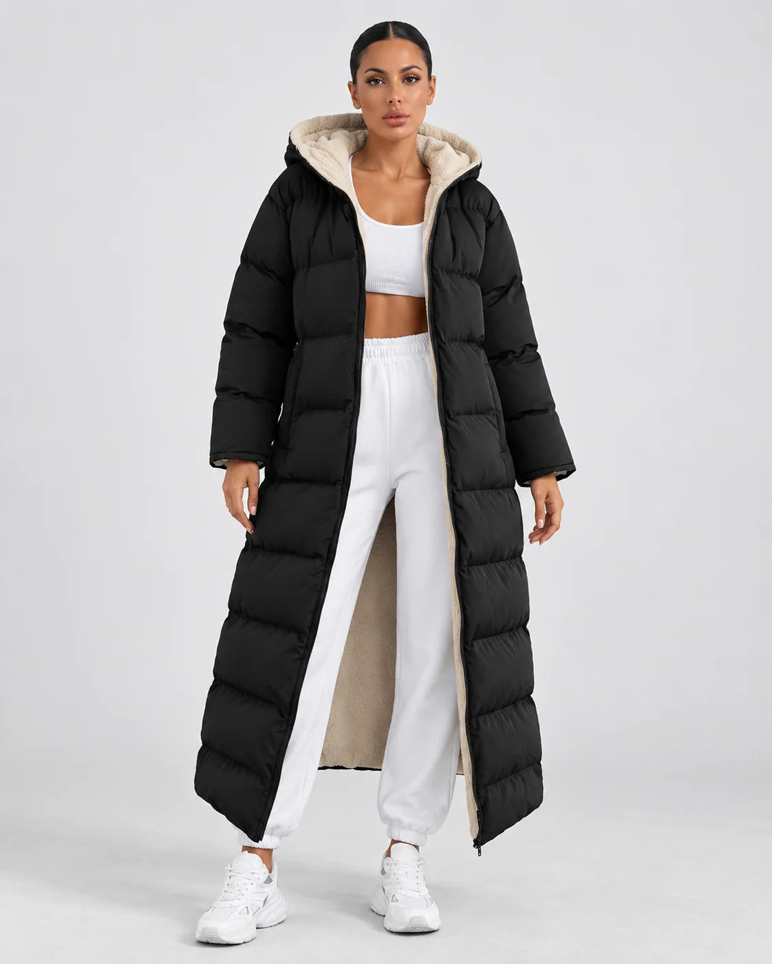 Long Hooded Puffer Coat – Black