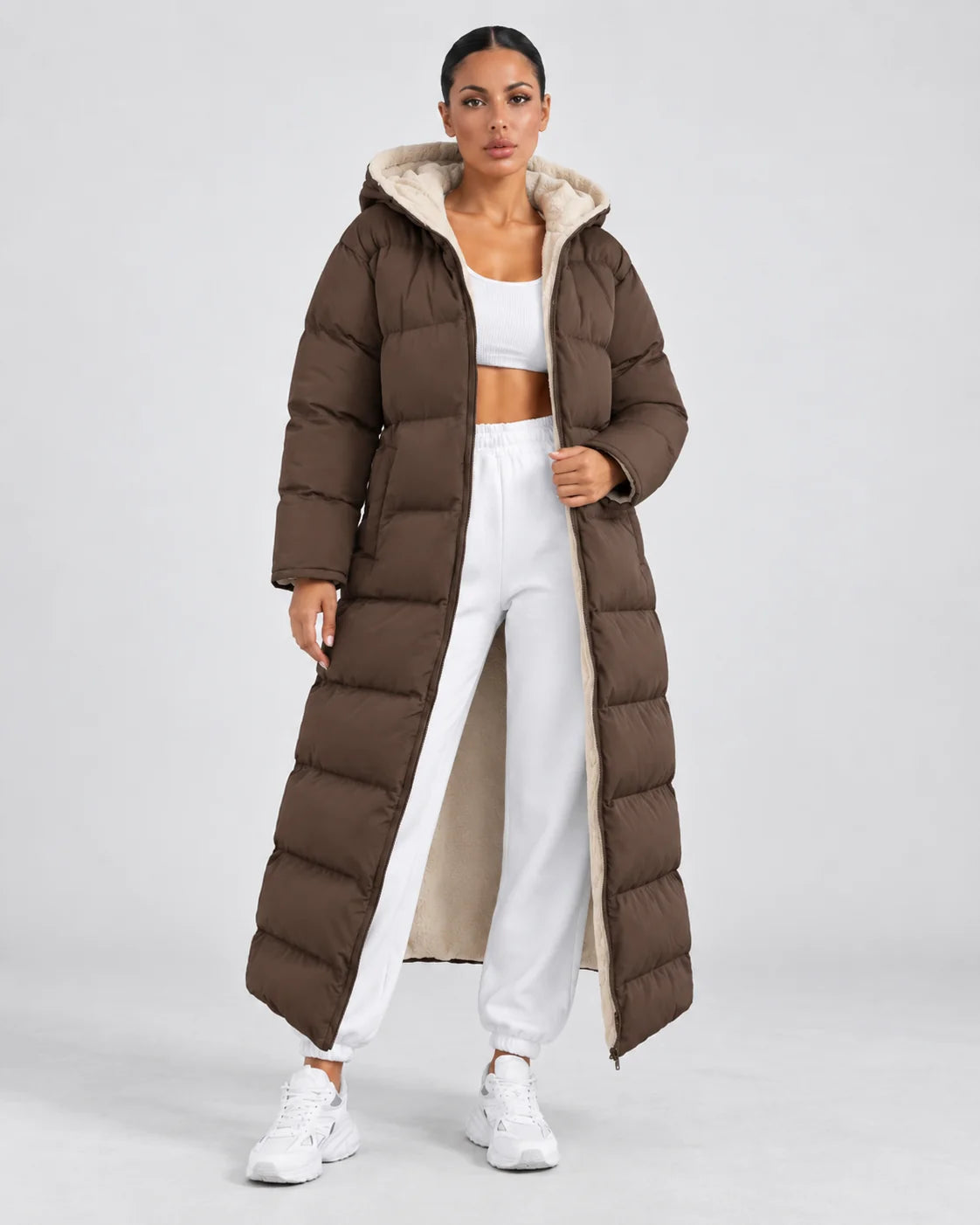 Long Hooded Puffer Coat – Coffee Brown