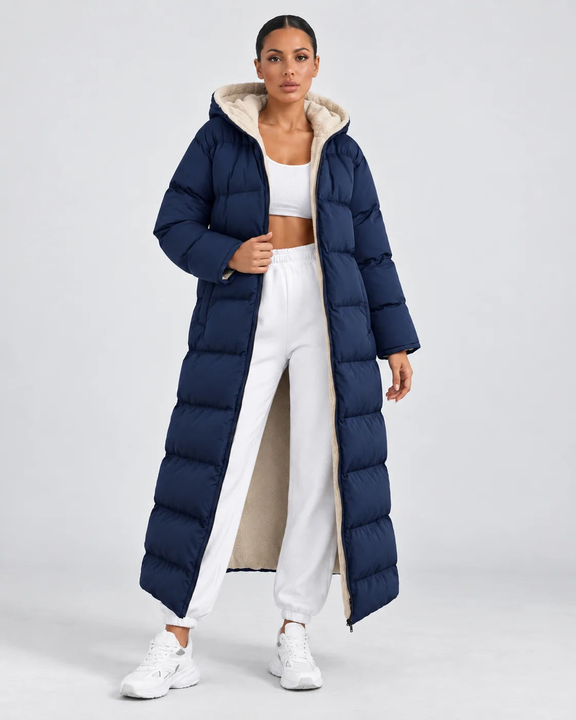 Long Hooded Puffer Coat – Navy