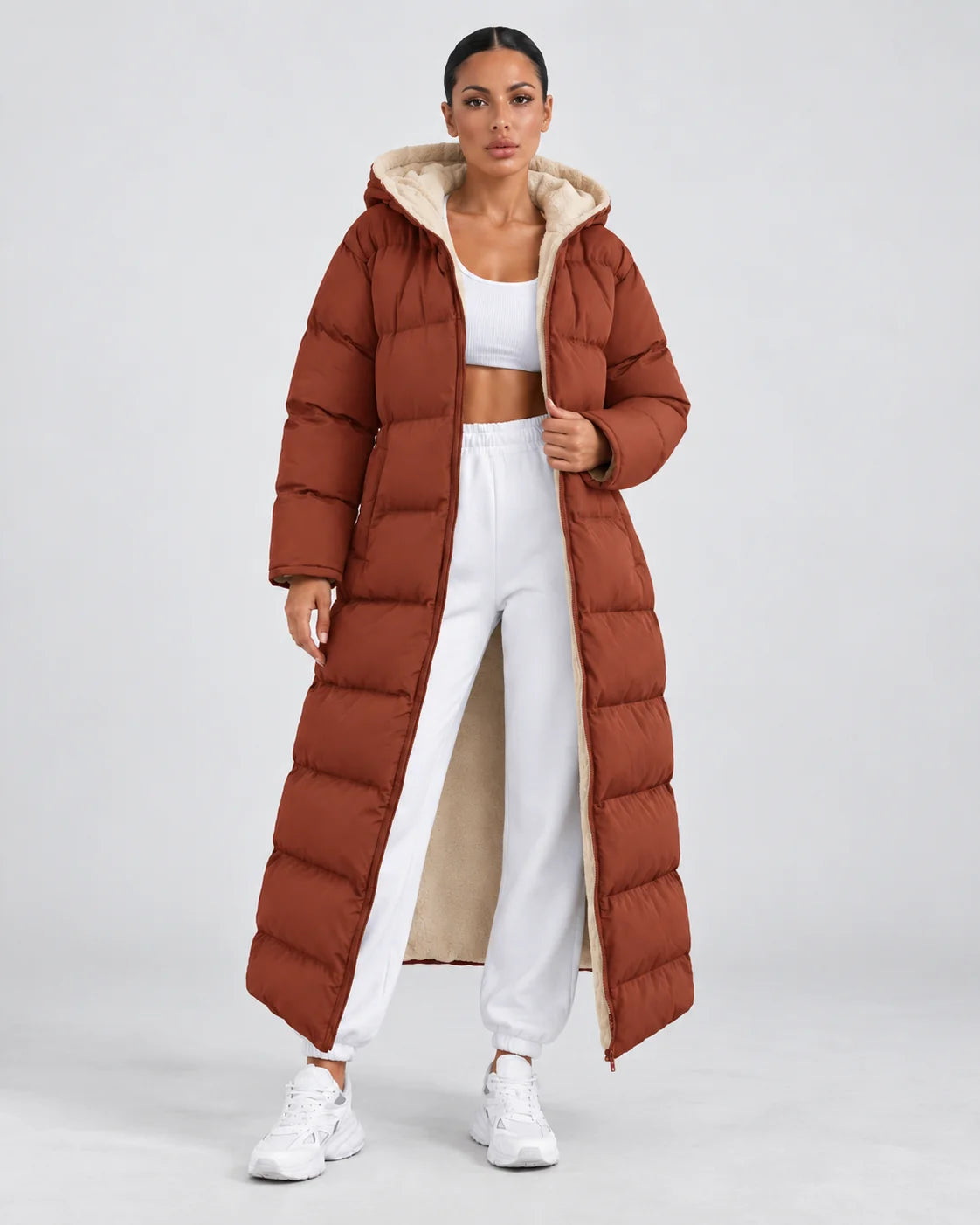 Long Hooded Puffer Coat – Rust